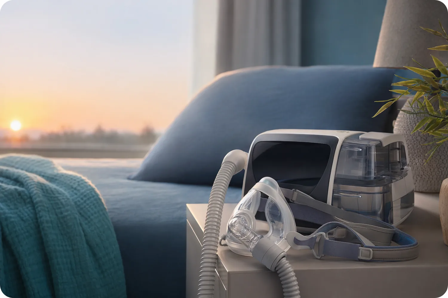 CPAP aparat ob postelji pripravljen za nočno terapijo.