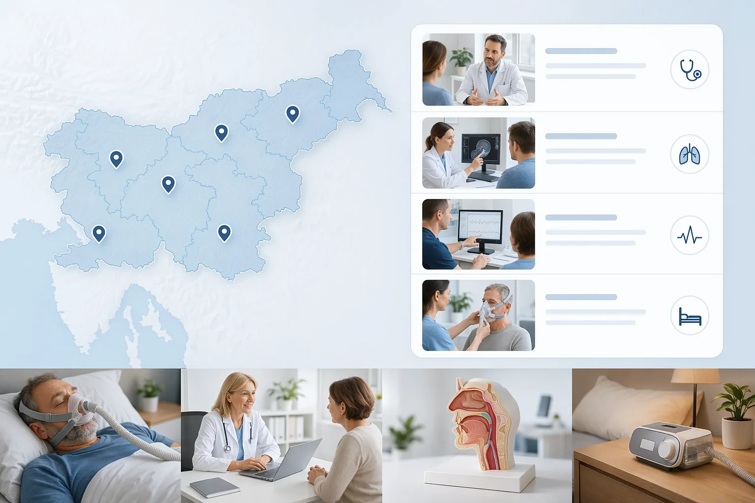 Zemljevid Slovenije z označenimi izvajalci diagnostike in zdravljenja.